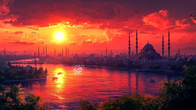 Majestic sunset over an ancient city with grand architecture and reflective waters under a glowing sky. Seamless looping 4K time-lapse animation video background