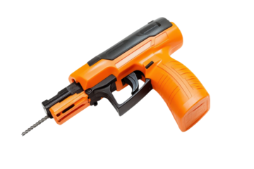 Innovative orange tool resembling a firearm displayed on a white background for educational purposes isolated on transparent background