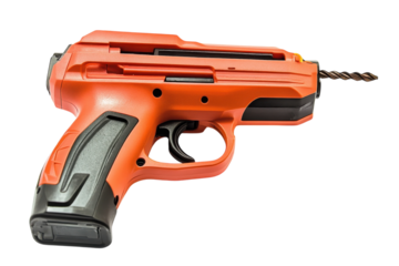 A striking orange tool designed for precise drilling and craftsmanship within construction settings isolated on transparent background
