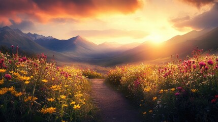 Picturesque countryside road lined with wildflowers, leading towards a scenic sunset view.