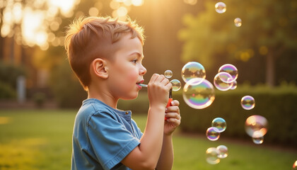 Boy blowing bubbles with joy in a sunny park, childhood innocence, Children's Day, Blurred Background