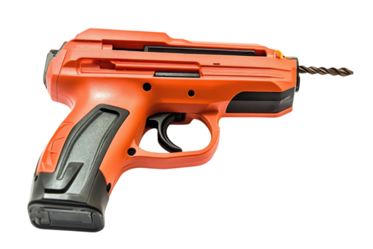 A striking orange tool designed for precise drilling and craftsmanship within construction settings isolated on transparent background