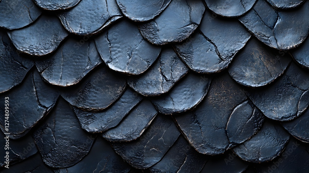 Poster Close-up view of a dark blue textured surface resembling scales. Perfect for abstract backgrounds or design elements. Dark Blue Scales Texture: An Intriguing Abstract Image Scaly surface