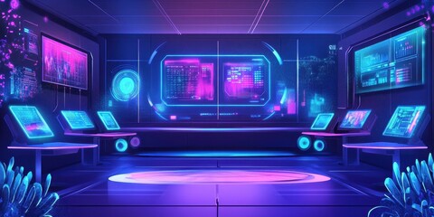 Futuristic control center with glowing screens and advanced technology