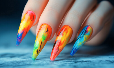 Obraz premium Nail art, colorful manicure design, long nails, generated ai 