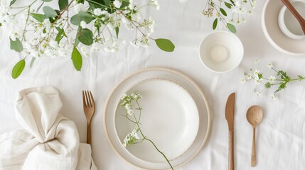 Minimalist table decor with white linen, ceramic plates, and wildflowers, soft natural light,
