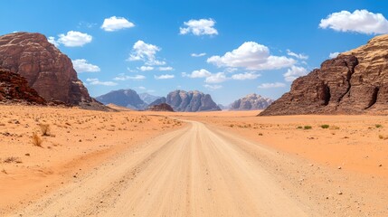 Naklejka premium Remote desert road cutting through arid land, jagged mountains in the distance under a bright sky.