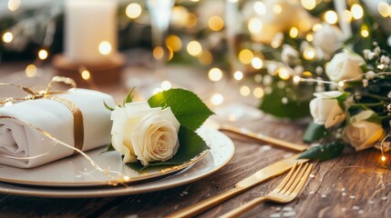 Wedding reception table with white roses, gold cutlery, and fairy lights, soft dreamy tones