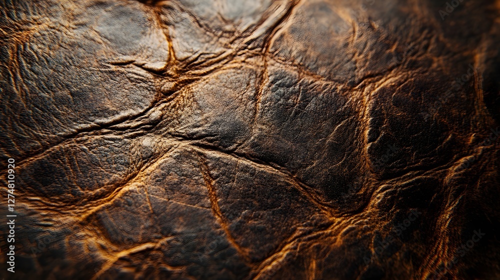 Poster a detailed macro shot reveals the intricate texture of distressed brown leather. deep creases and ri