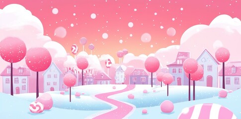 Whimsical winter candy land landscape with sweets and snow