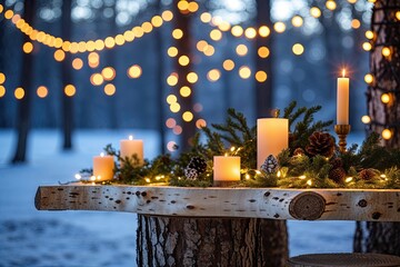 Eclectic Birch Tabletop Decor with Vibrant Ambiance Bright String Lights and Snowy Outdoor Holiday Backdrop