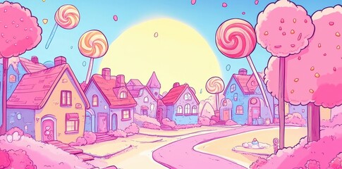 Sweet pastel cartoon town with candy trees and lollipops