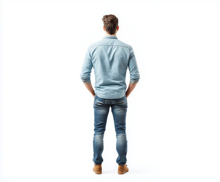 Nachdenklicher Mann von hinten auf wei&szlig;em Hintergrund stehend

