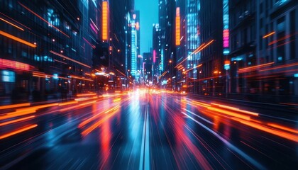 Obraz premium Abstract light trails in a night city with glowing neon reflections, dynamic vibrant colors, photorealistic