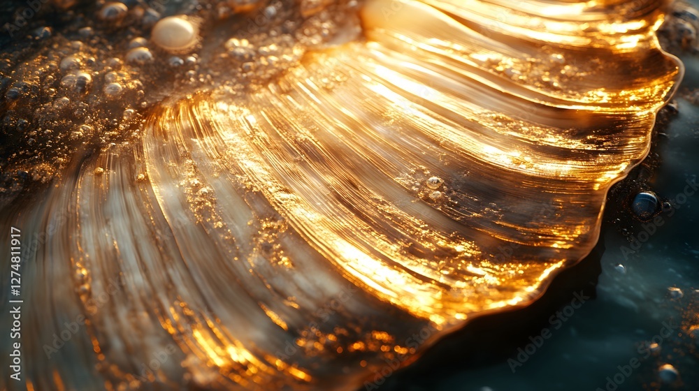 Poster close-up shot of a golden shell reflecting the sunset in the water. the image showcases a beautiful 