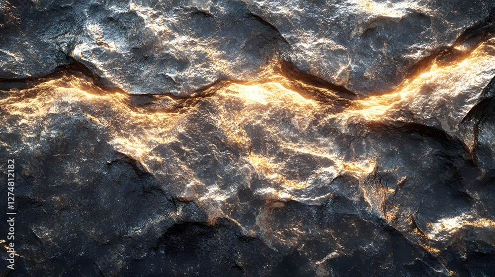 Poster a digital image depicting a glowing rock formation with a metallic texture and rich color contrast. 