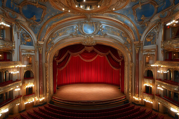 Obraz premium Opulent theater hall showcasing its stage and red curtains. Beautiful architecture visible, suitable for cultural or travel promotions