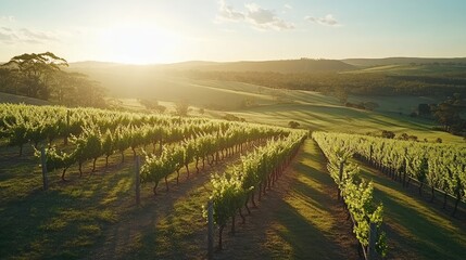 Naklejka premium Scenic vineyard in the rolling countryside, golden sunlight casting long shadows on the grapevines.