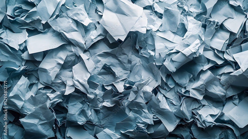 Aufkleber A close-up shot of crumpled blue papers creating an abstract texture. Abstract Blue Crumpled Paper Texture Background Shredded surface