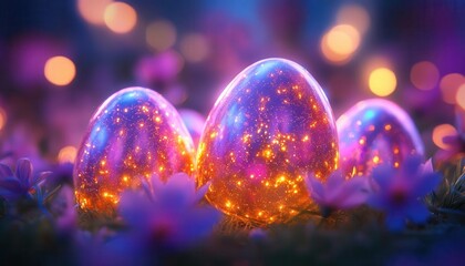 Easter egg hunt with children, glowing holographic eggs, vibrant spring colors, playful atmosphere, photorealistic