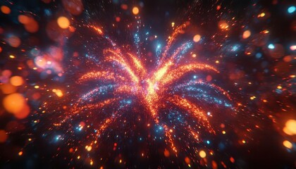 Fototapeta premium Fourth of July fireworks display with glowing holographic overlays, vibrant festive atmosphere, dynamic lighting, photorealistic