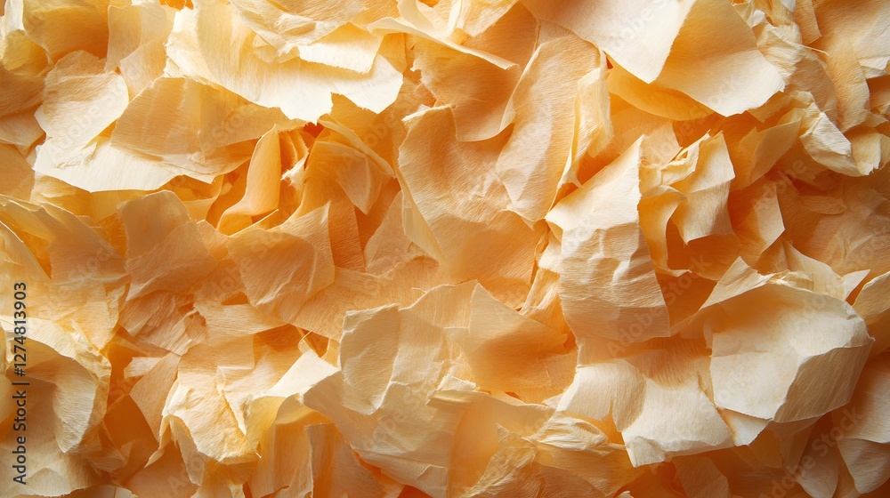 Poster Close-up of crumpled peach-colored paper. Abstract texture background. Abstract Peach-Colored Paper Texture: A Close-Up View of Crumpled, Soft Papers in Warm Hues, Textured Shredded surface