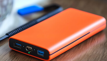 Orange portable charger on wooden table
