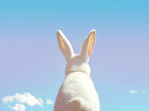 easter bunny white bunny blue sky background pink light 
