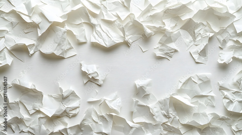 Poster Crumpled white paper texture. Abstract background. Minimalist design. Abstract White Crumpled Paper Texture Background Shredded surface