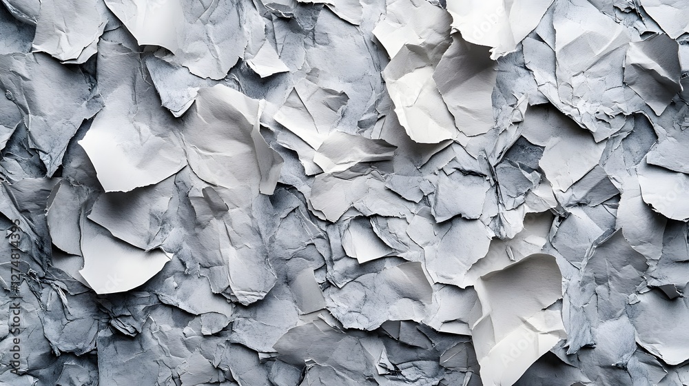 Poster A close-up shot of various shades of gray and white crumpled and torn paper pieces creating an abstract texture. Abstract Texture of Torn and Crumpled Paper in Shades of Gray. Shredded surface