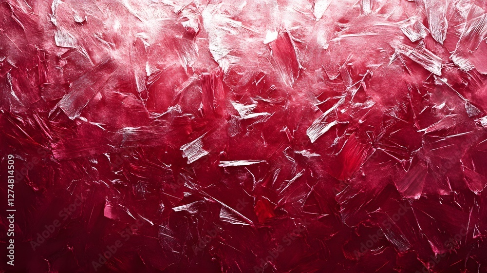 Poster Abstract image with a red and white texture, resembling ice crystals or a painted surface. Crimson Frost: A Textured Abstract Shredded surface