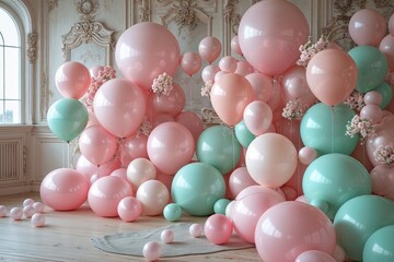 Enchanting Pastel Pink and Mint Balloon Exhibit with Surreal Ambience