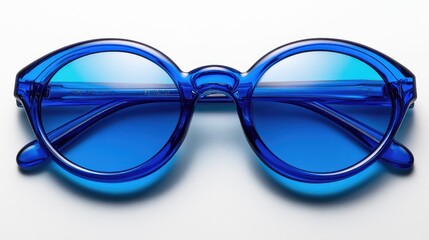 Fototapeta premium Transparent blue sunglasses with retro oval lenses, symmetrically placed on a white surface, top-down angle.