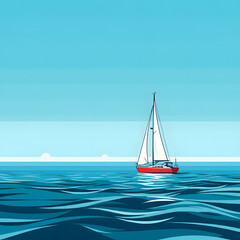 Obraz premium Elegant sailboat gliding on serene blue ocean waters with soft sky gradients in modern minimalist art style