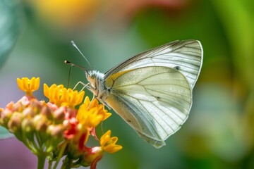Obraz premium A beautiful white and yellow butterfly rests gently on a cluster of bright yellow flowers. The lush greenery surrounds this tranquil garden scene on a sunny day