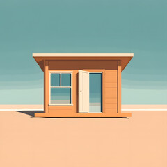 Minimalist beach house facade with open door under clear blue sky on sandy ground modern coastal living concept