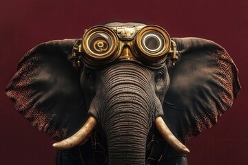 majestic elephant wearing steampunk goggles and brass mechanical accessories against a rich burgundy backdrop, vintage industrial aesthetic