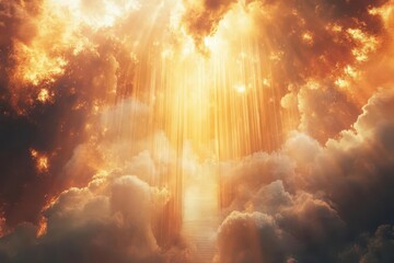 majestic golden gates floating in luminous clouds, pearl-white staircase ascending, rays of divine light streaming through, ethereal atmosphere
