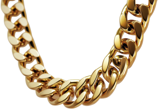 A stunning gold chain glimmers under soft lighting, revealing its unique links and polished surface isolated on transparent background