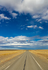 A long, empty road stretches endlessly through a vast, arid landscape under a bright blue sky with scattered clouds. The scene evokes adventure, freedom, and solitude, perfect for travel exploration