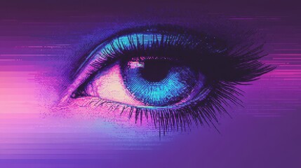 Pixelated blue eye with long lashes and digital glitch effect