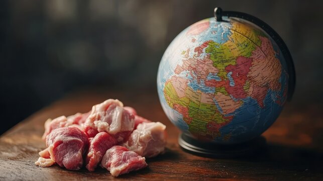 Global meat trade, wood table, dark