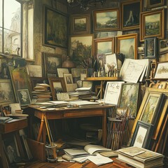 Art studio shows abundance of paintings supplies and artistic clutter