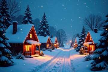 Fototapeta premium Snowy Christmas village scene with festive lights and decorations , village, lights, christmas