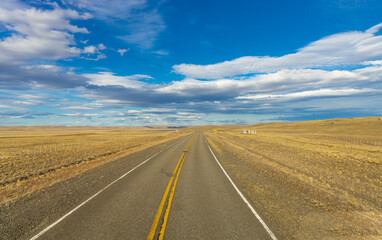 A long, empty road stretches endlessly through a vast, arid landscape under a bright blue sky with scattered clouds. The scene evokes adventure, freedom, and solitude, perfect for travel exploration