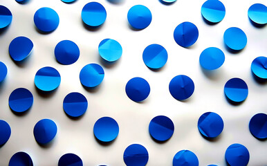 Blue polka dots are artfully arranged on a clean white backdrop, adding a lively and cheerful touch perfect for decoration or design inspiration