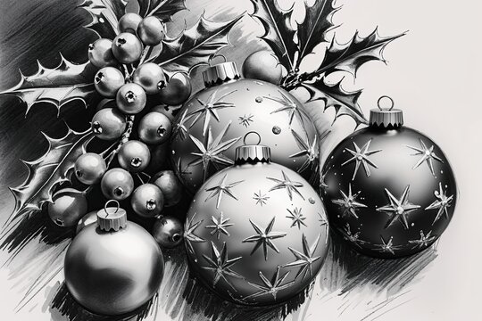 Charcoal Drawing of Joyful Winter Ornaments with Holly Berries and Bright Stars for Holiday Decor