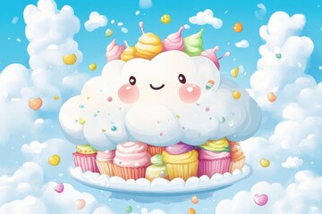 Fototapeta premium An adorable cloud is filled with colorful cupcakes and candies