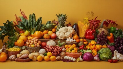 Vibrant display of assorted fresh vegetables and fruits arranged artistically on a yellow backdrop