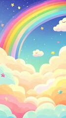 Whimsical illustration features a rainbow and happy clouds in the sky